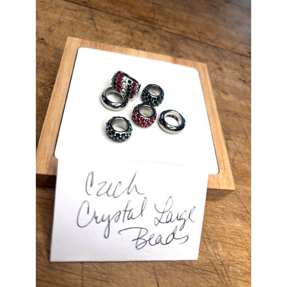 Czech Crystal Large Hole Beads Set Of 6 Red Green Silver Fits European Bracelets - Picture 2 of 6